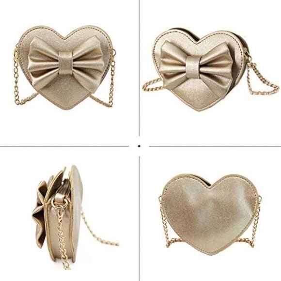 Girls Heart Shape Bowknot Mini Purse Crossbody Wallet Beige Gold Cute Compact Gi - Picture 6 of 7